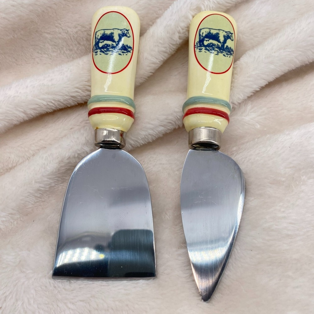 Cheese Knife Set Boston Warehouse Ceramic Cow Handle Farmhouse Set of 2